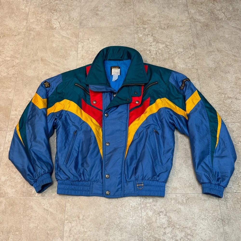 VTG Retro Descente Men’s Ski Blue Red Green Yellow 90s 80s Jacket Size Medium - Picture 2 of 15